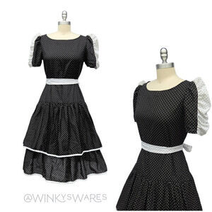 Vintage 70s Black and White Polka Dot Fit & Flare Midi Dress Size S Puff Sleeve